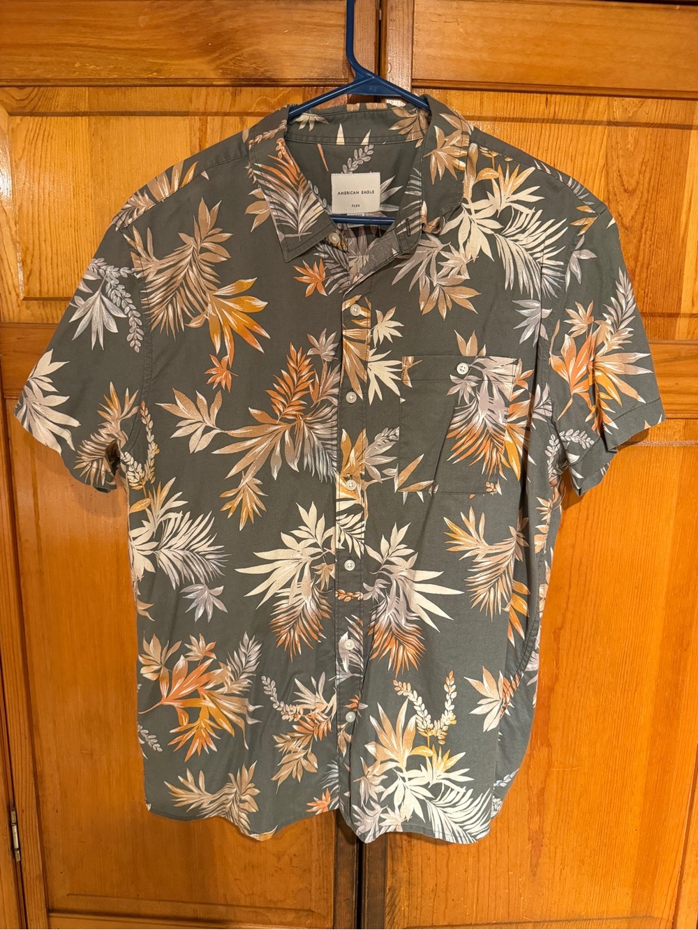 American Eagle Outfitters Green Short-Sleeve Tropical Print Button-Up Shirt